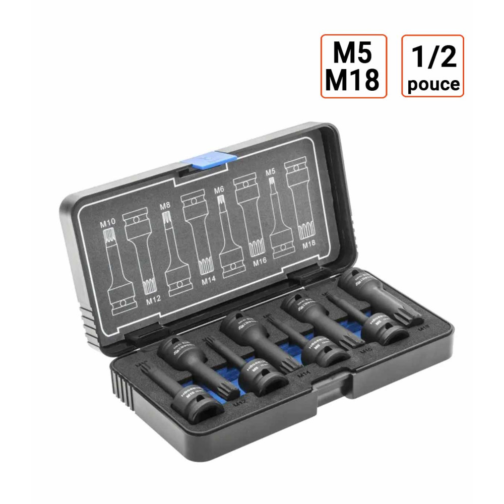 coffret douilles à chocs XZN, 8 pièces, 1/2 pouce M5-M18