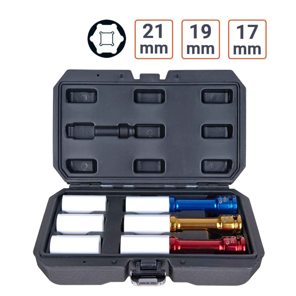 Coffret Douilles à choc 1/2 Extra Longues 150 mm 17 19 21 mm avec protection de rechange
