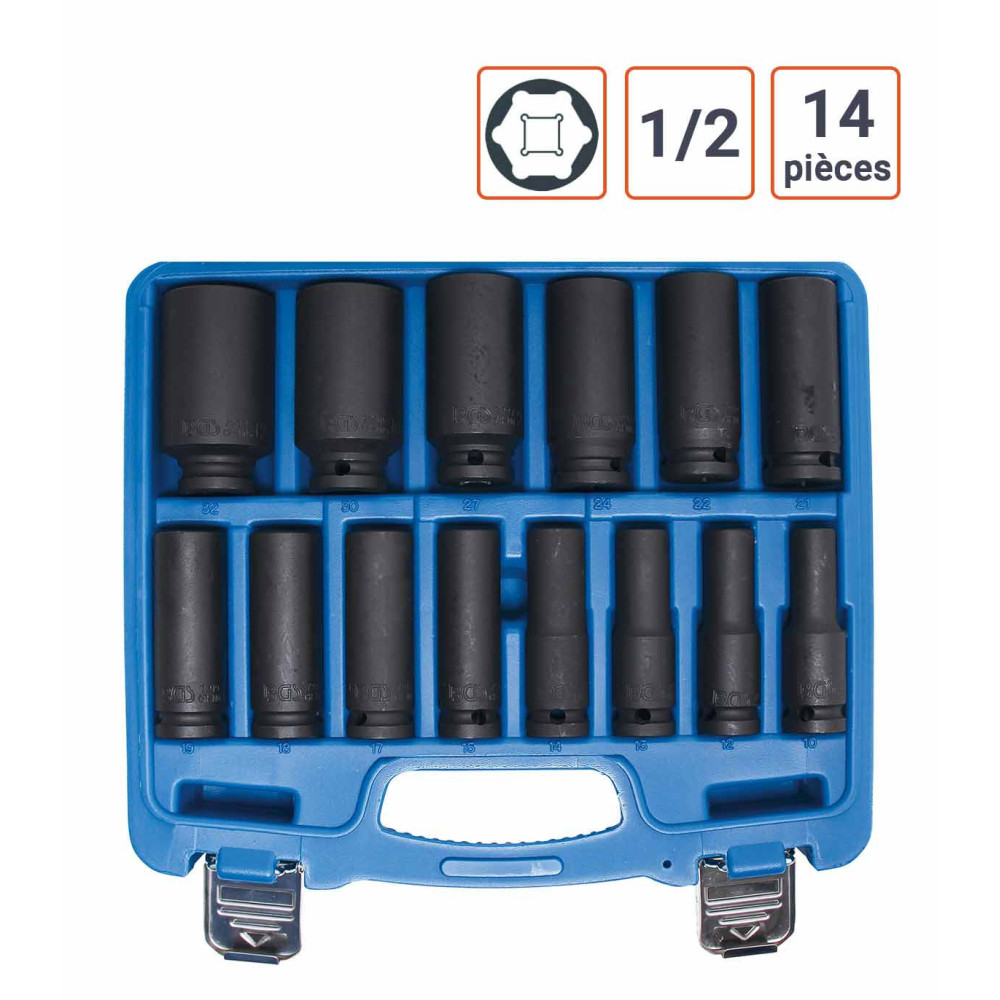 Coffret 14 douilles à choc 1/2 Longues de 10 à 32 mm