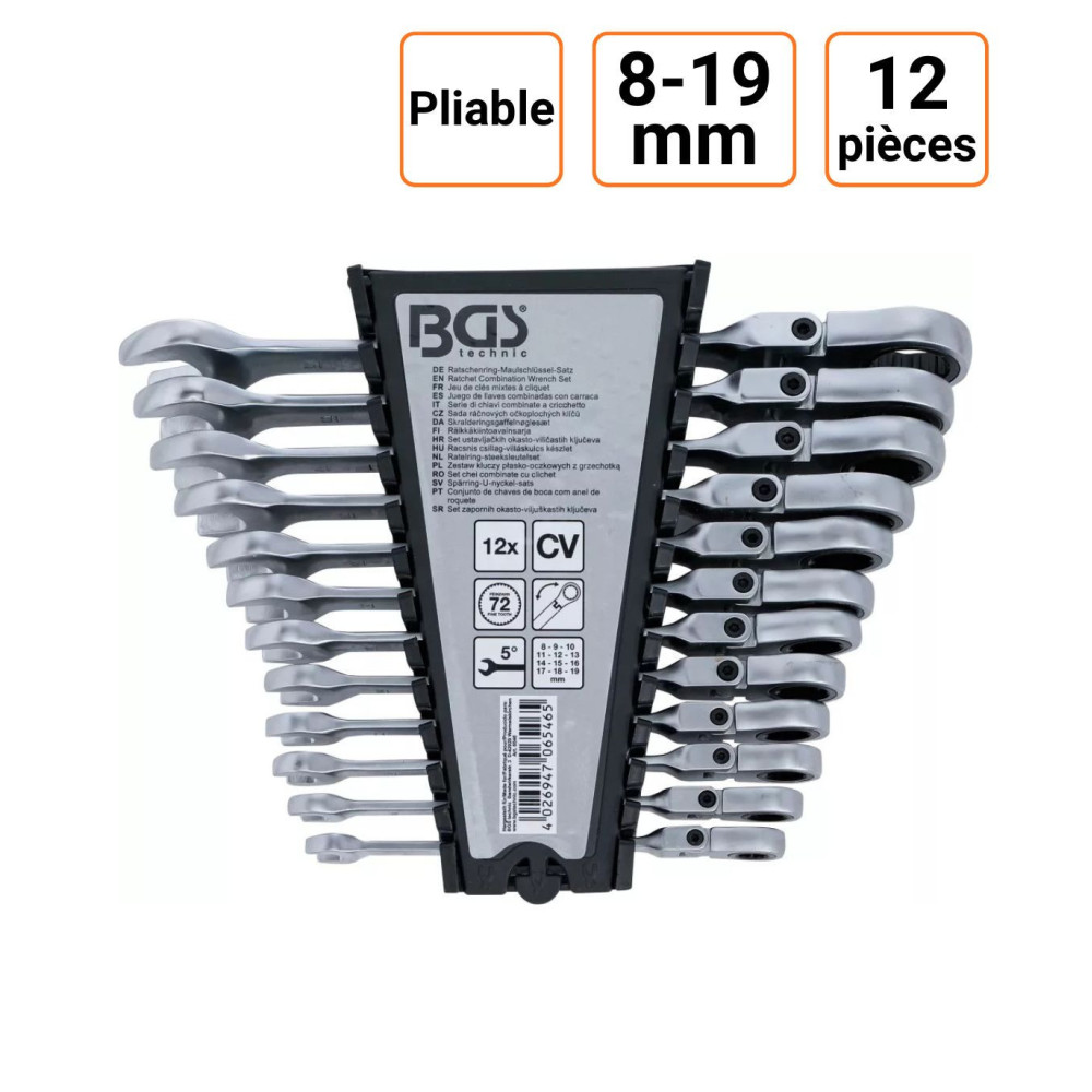 Jeu de 12 clés mixtes à cliquet pliable 8 à 19 mm