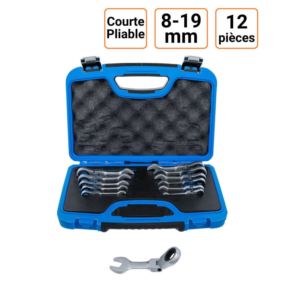 Jeu de 12 clés mixtes à cliquet courtes pliable 8 à 19 mm