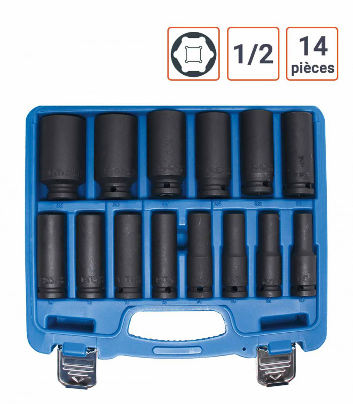 Coffret 14 douilles à choc 1/2 Longues de 10 à 32 mm