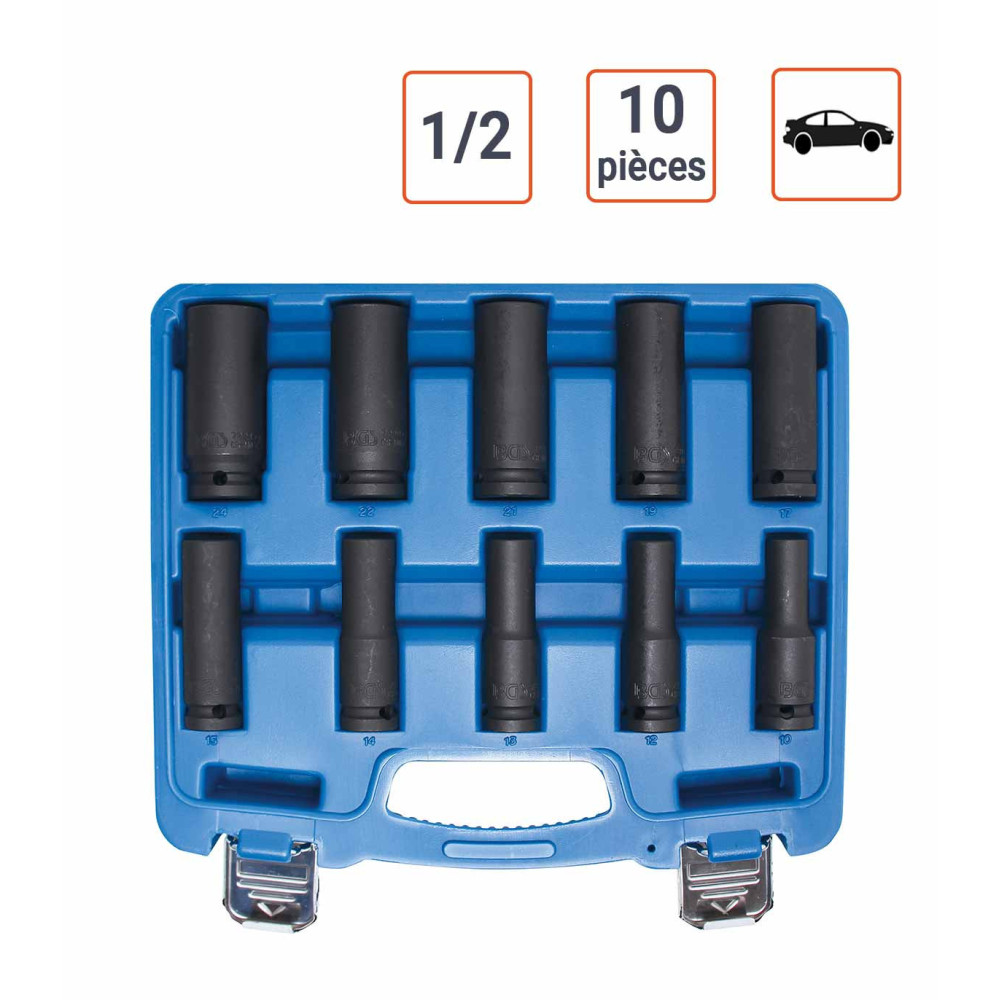 Coffret douilles à choc Longues 1/2" 10 - 24 mm 10 pièces
