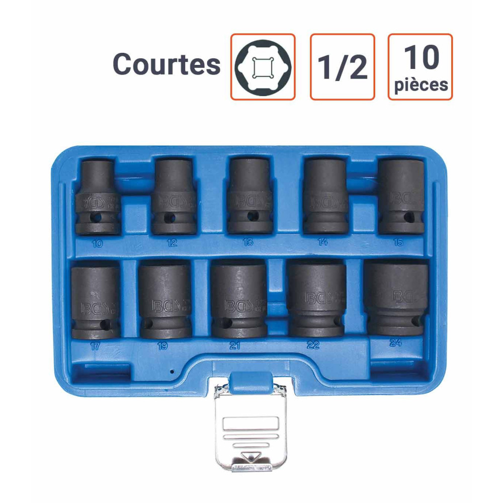 Coffret 10 douilles à choc 1/2 en 6 pans de 10 à 24 mm