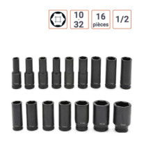 Coffret 16 douilles à choc 1/2 Longues de 10 à 32 mm
